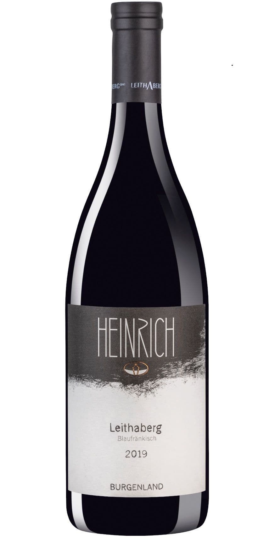 A wine bottle labeled "Heinrich" with a textured, earthy design on white background.