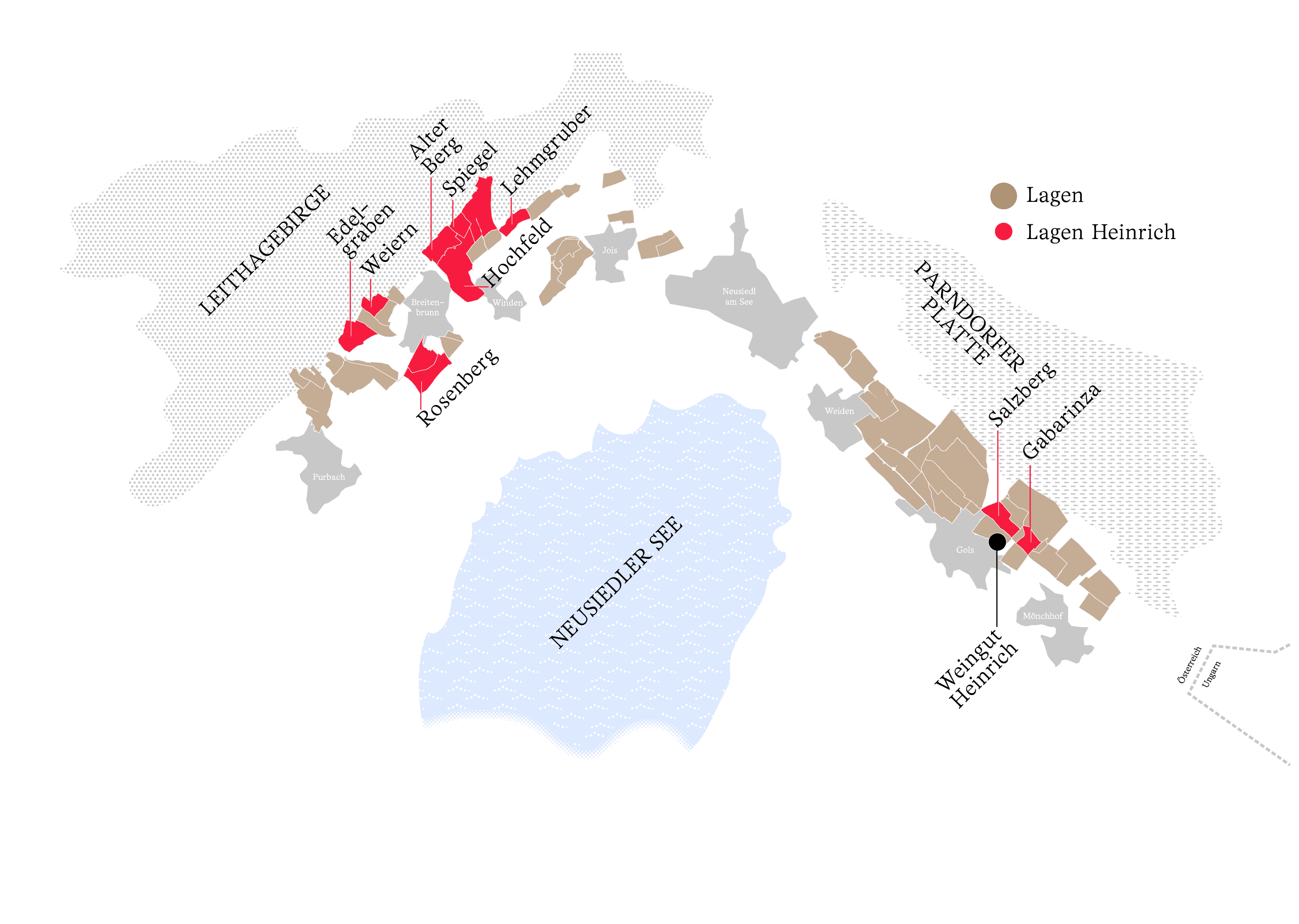 Map illustrating the "Leithagebirge" and "Pandorfer Platte" regions, highlighting vineyard areas in brown and specific locations in red, surrounded by textured patterns denoting forest and rock.