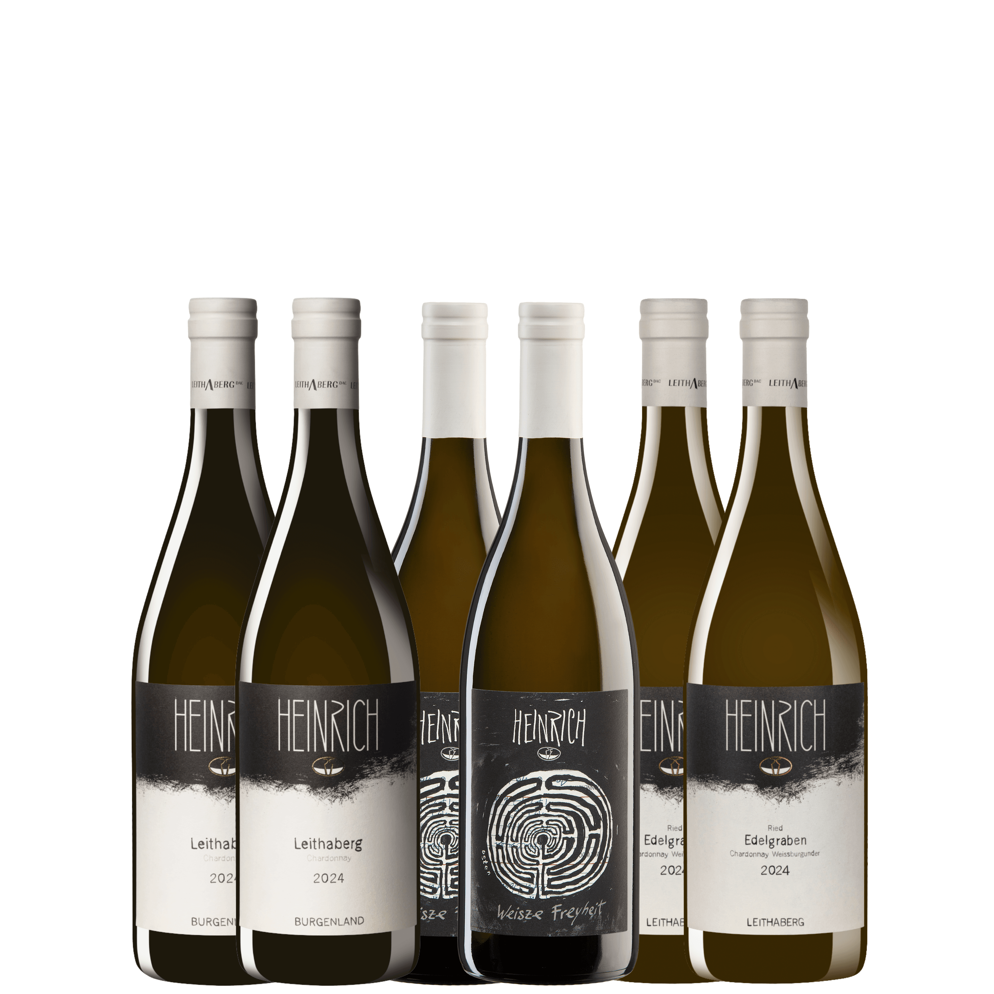 A wine bottle labeled "Heinrich" with a textured, earthy design on white background.
