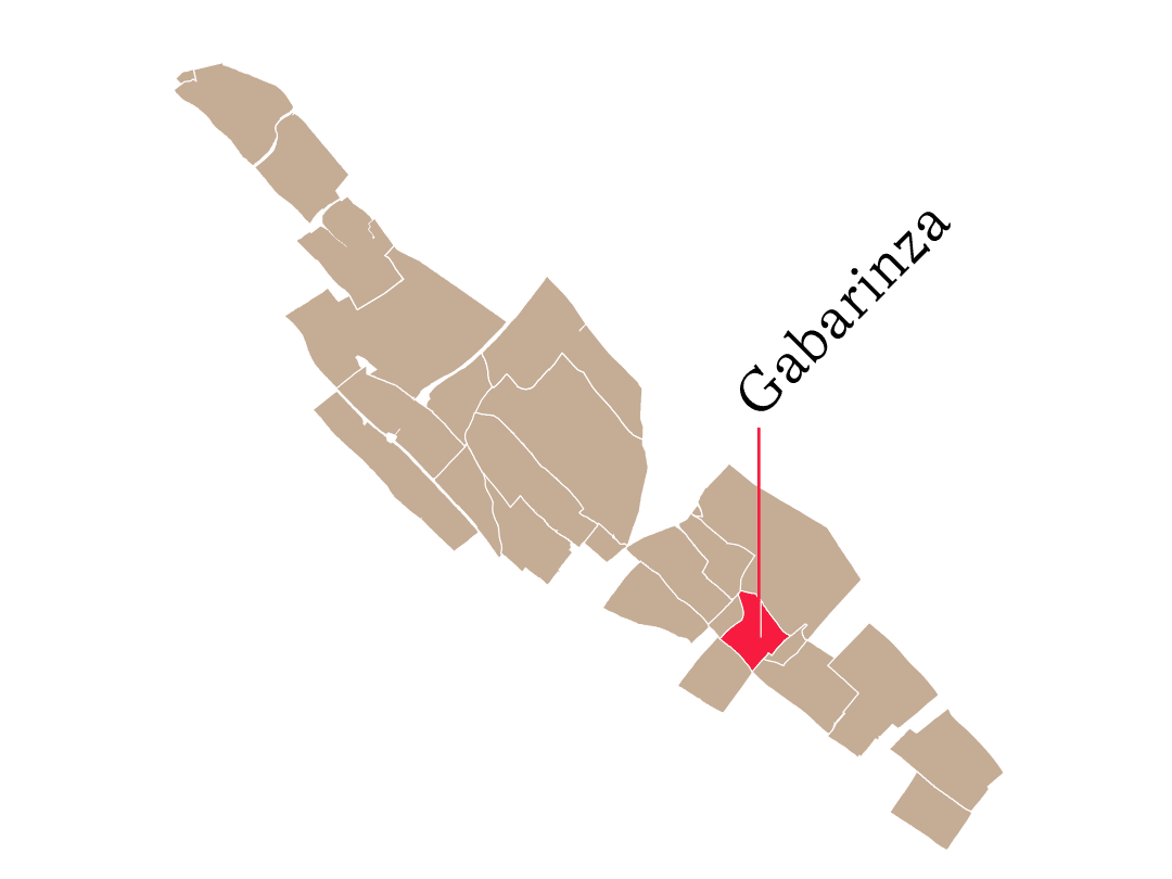 Map highlighting a region in light brown, with a red dot marking "Gabarinza." A label points to the dot, indicating the area's location.