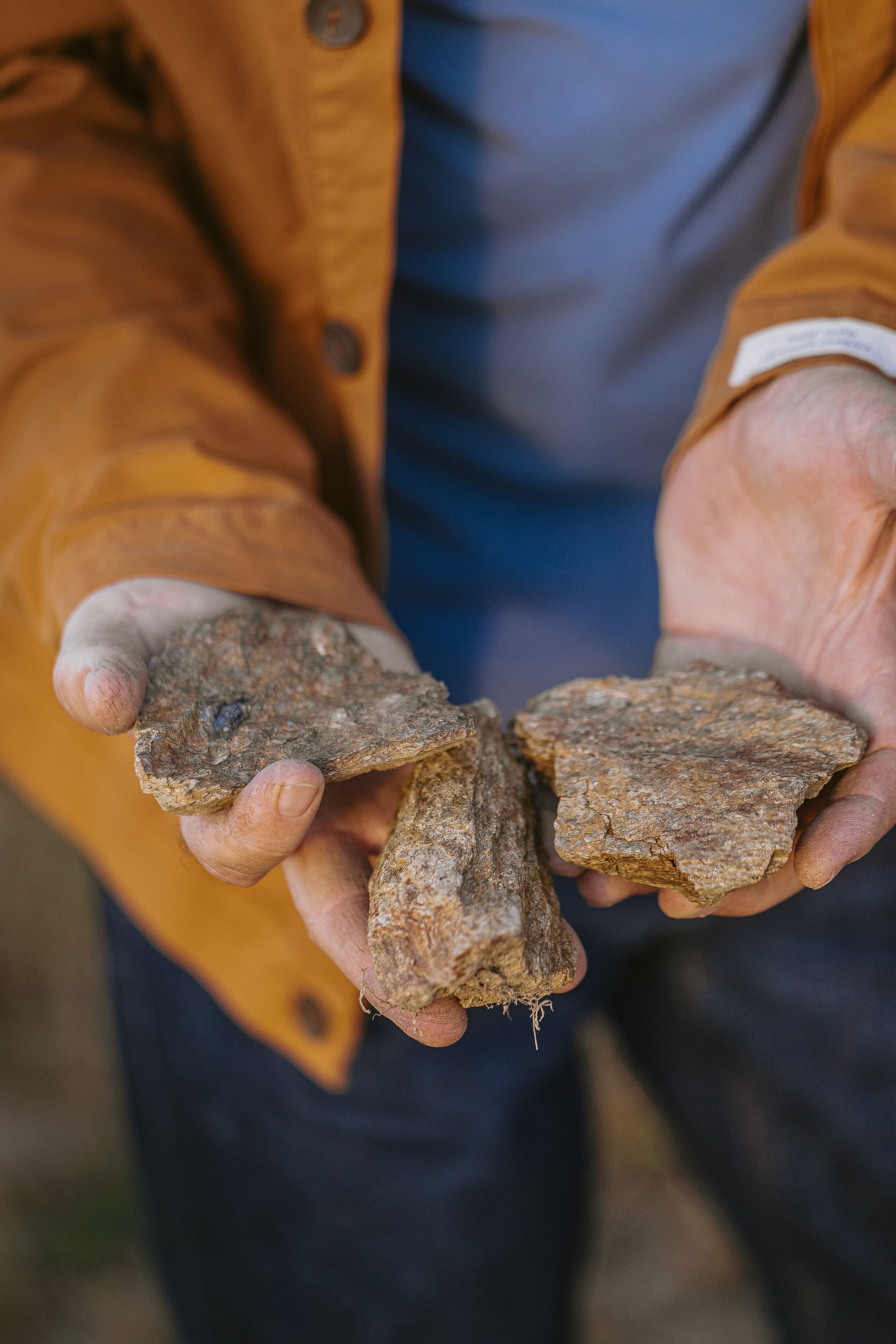 Hands holding three rugged rocks, conveying curiosity and exploration. The person wears an orange jacket, with a blurred background setting.