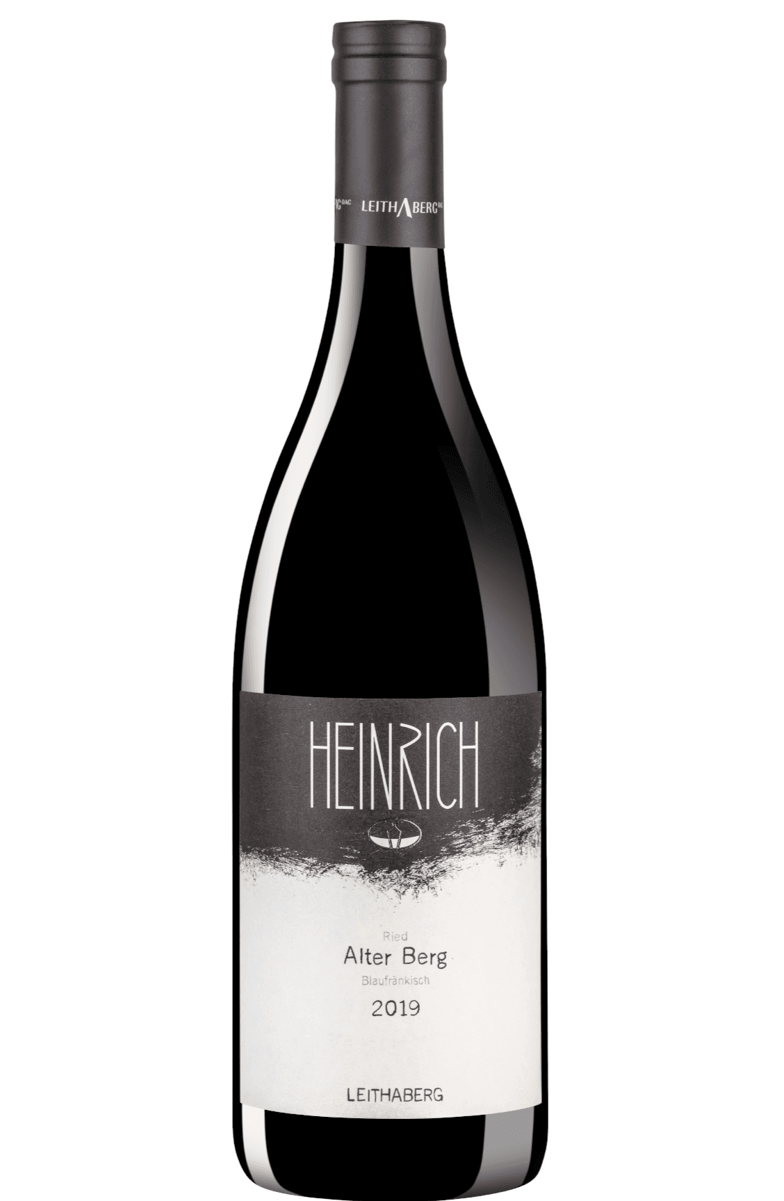 Eine Weinflasche mit dem Etikett "Heinrich" und einem erdigen, strukturierten Design vor weißem Hintergrund.