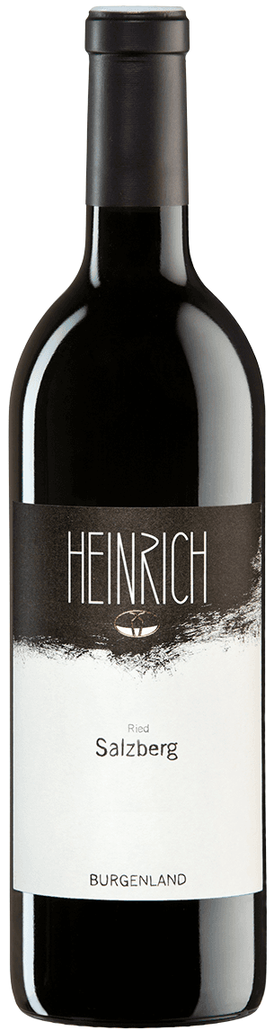 Eine Weinflasche mit dem Etikett "Heinrich" und einem erdigen, strukturierten Design vor weißem Hintergrund.