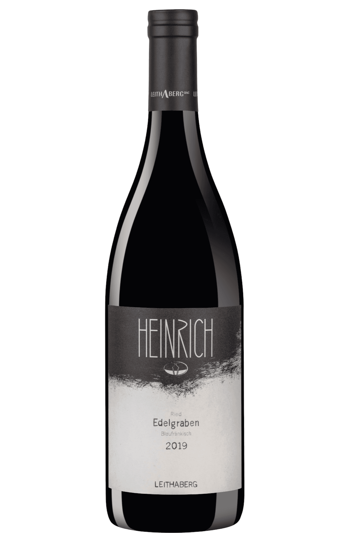 A wine bottle labeled "Heinrich" with a textured, earthy design on white background.