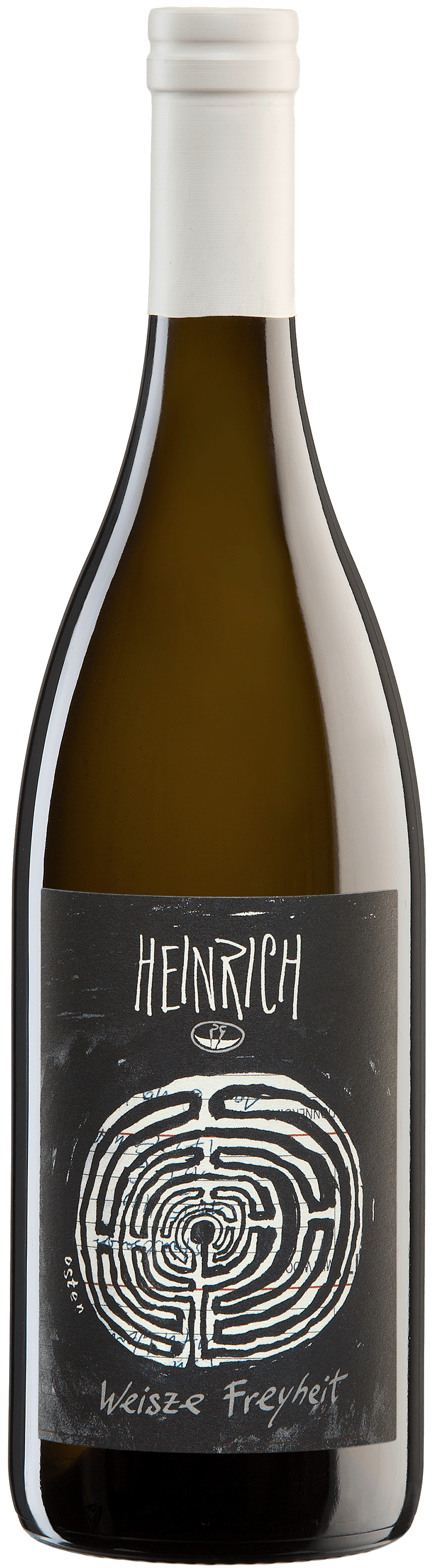 Eine Weinflasche mit dem Etikett "Heinrich" und einem erdigen, strukturierten Design vor weißem Hintergrund.