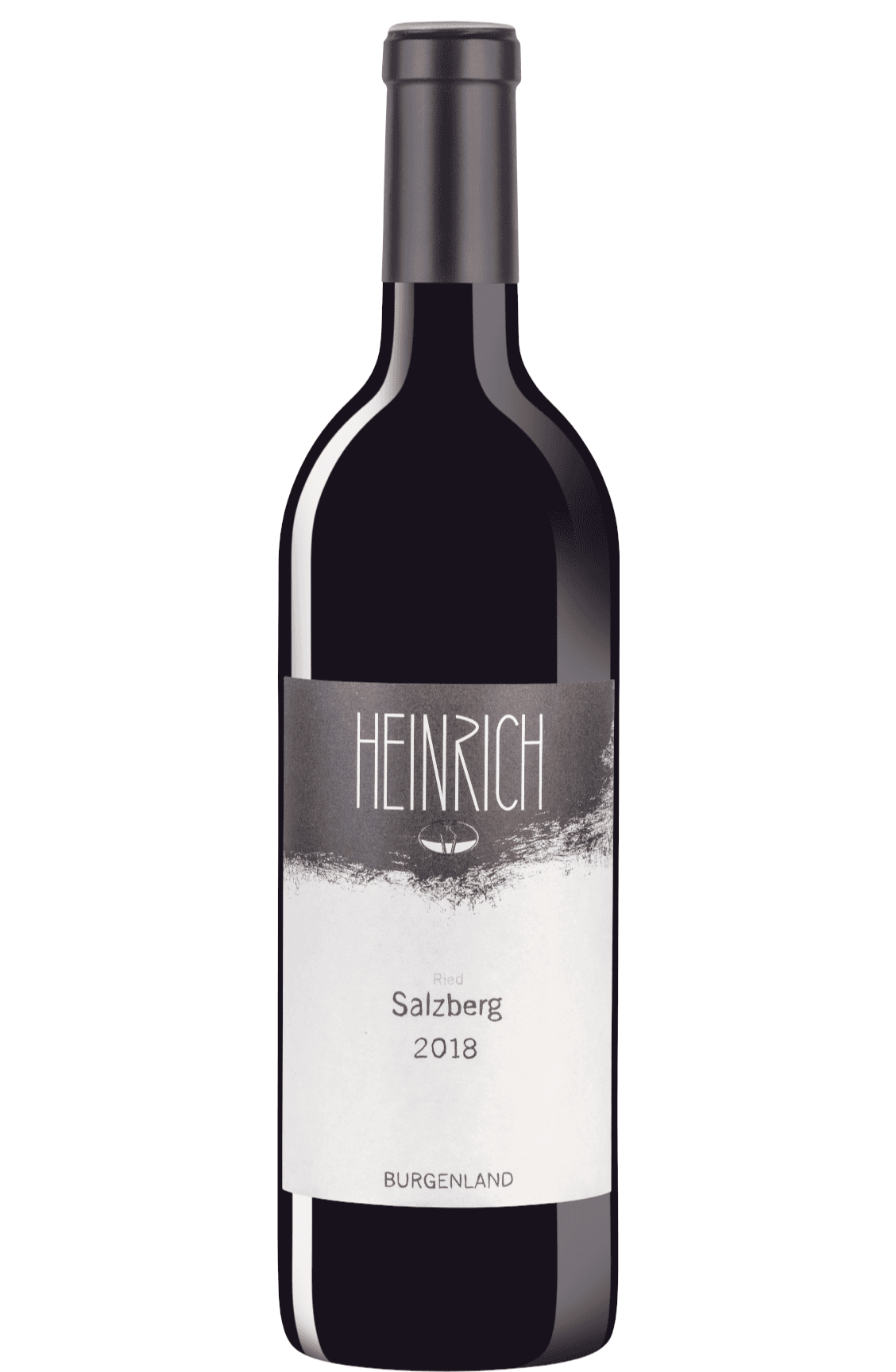 Eine Weinflasche mit dem Etikett "Heinrich" und einem erdigen, strukturierten Design vor weißem Hintergrund.