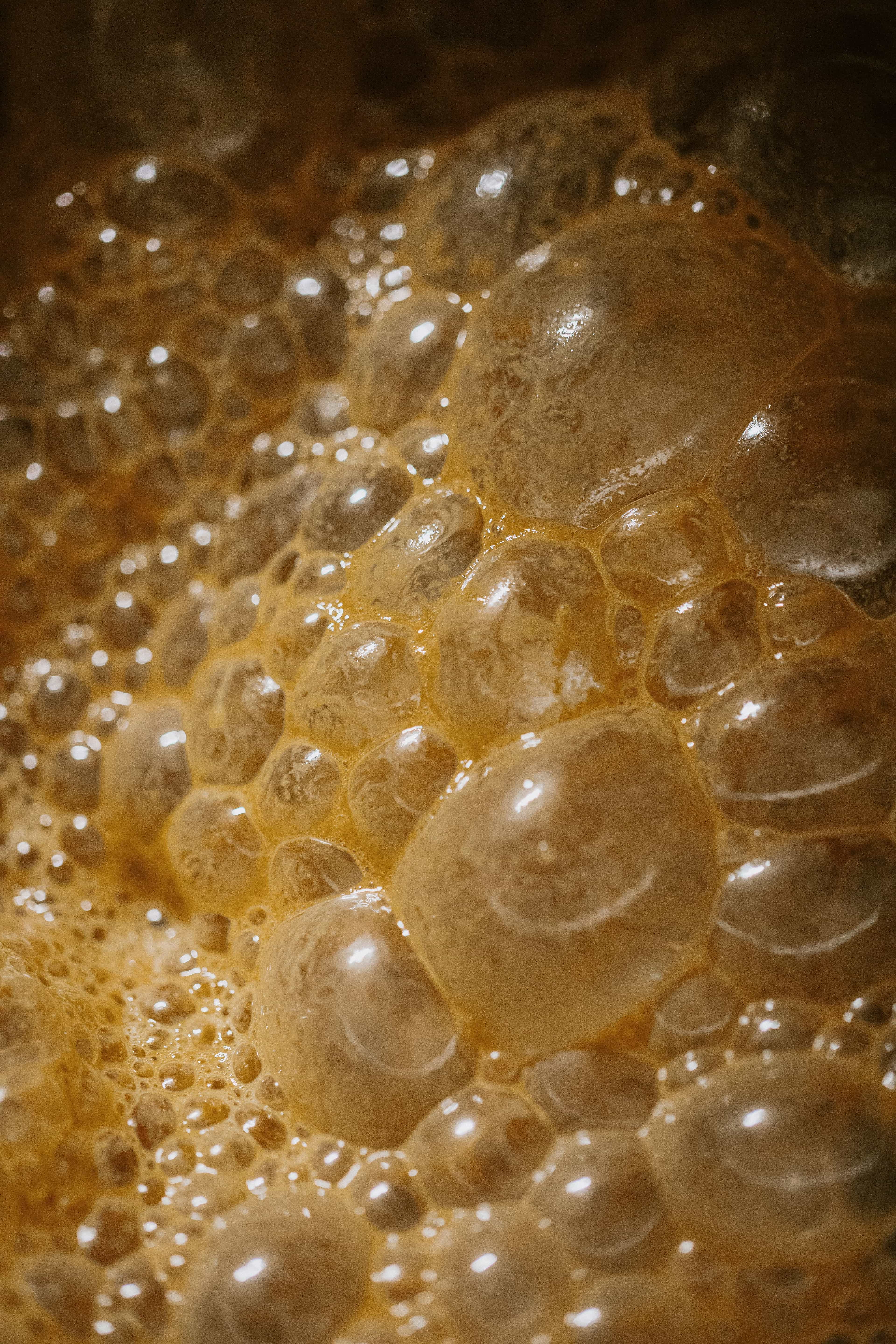 Close-up of effervescent beer bubbles creating a frothy surface with a warm amber glow. The texture appears rich and inviting.