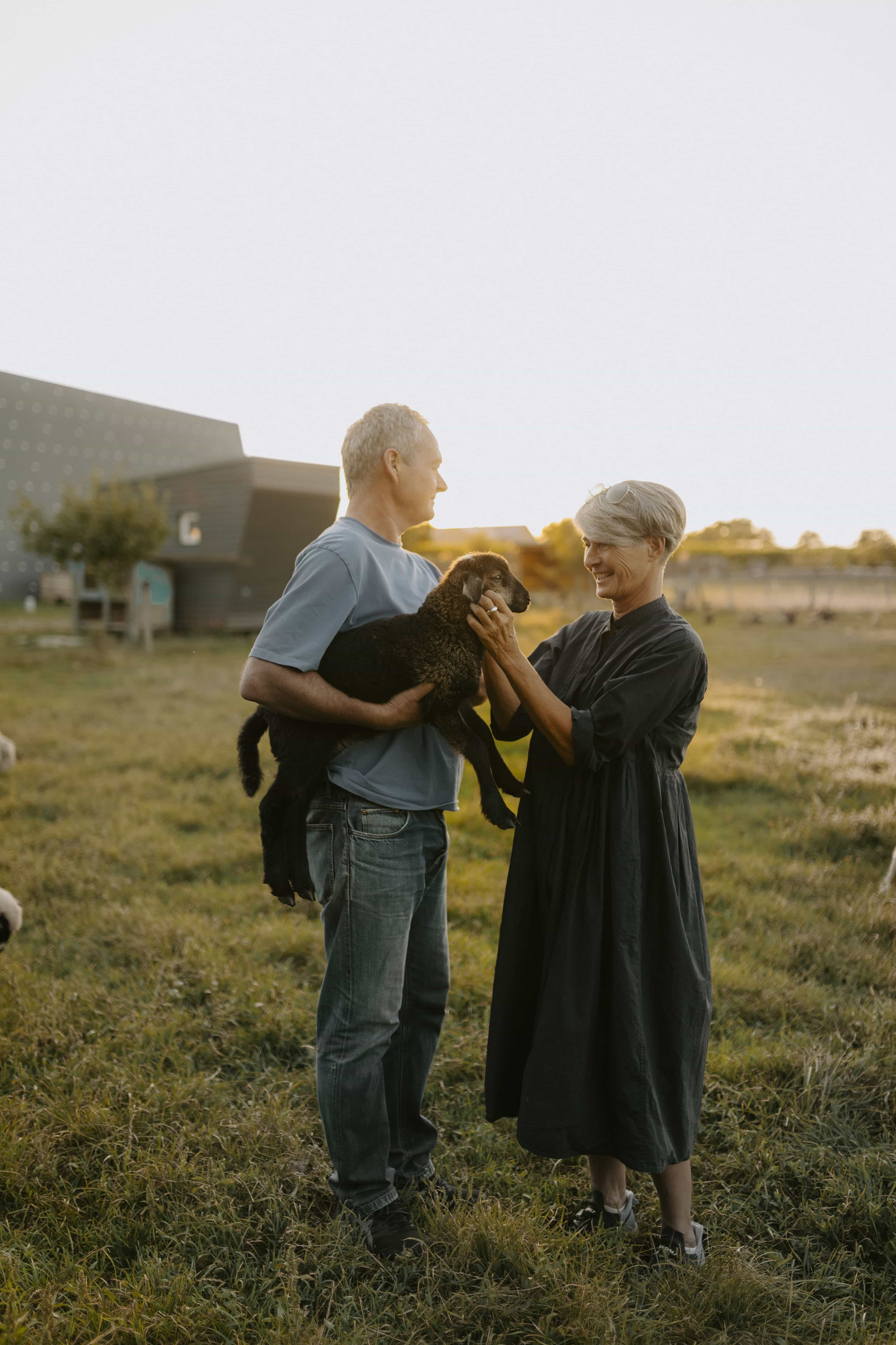 A man and woman stand in a field at sunset, holding a brown lamb. The man wears jeans and a blue shirt, while the woman wears a long, dark dress.
