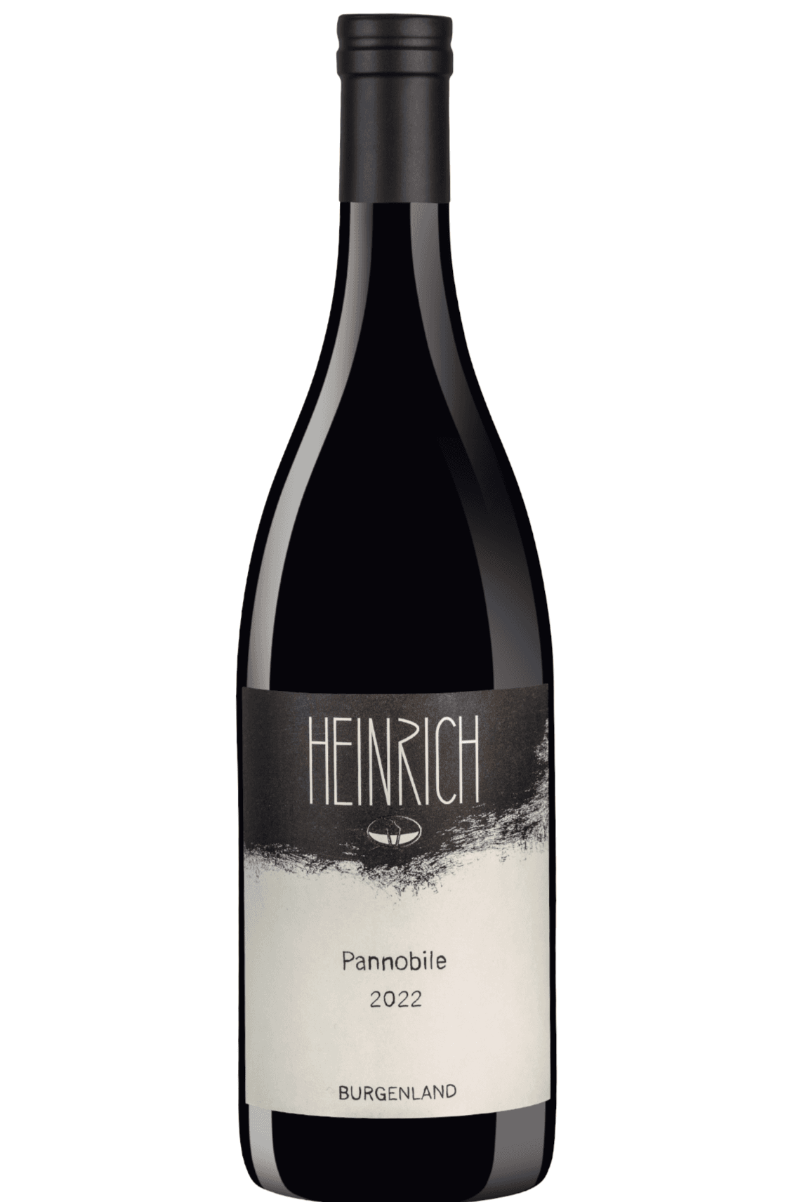 Eine Weinflasche mit dem Etikett "Heinrich" und einem erdigen, strukturierten Design vor weißem Hintergrund.